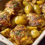 Roasted Mediterranean chicken thighs & baby potatoes in a baking dish
