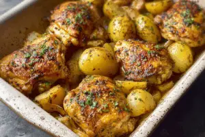 Roasted Mediterranean chicken thighs & baby potatoes in a baking dish