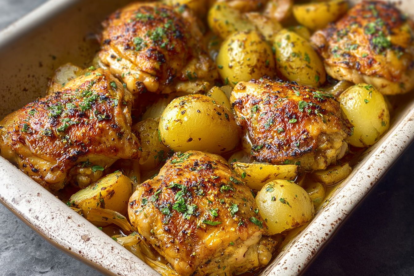 Roasted Mediterranean chicken thighs & baby potatoes in a baking dish