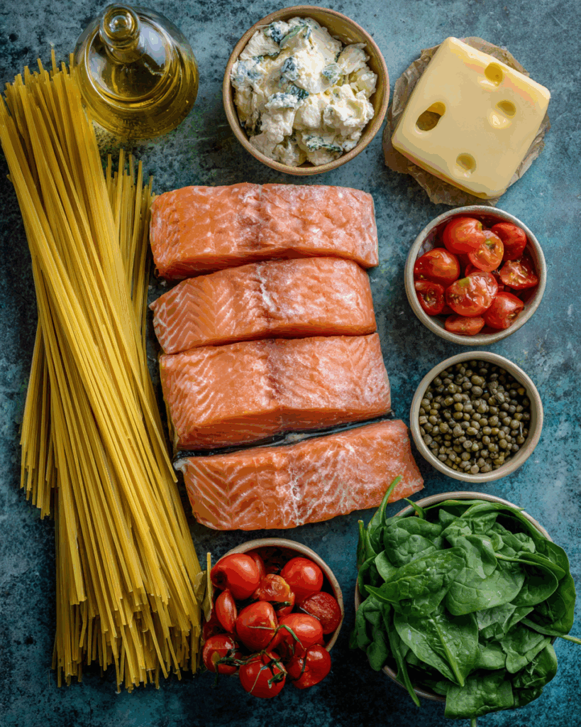 Creamy One Pot Salmon Pasta recipe ingredients