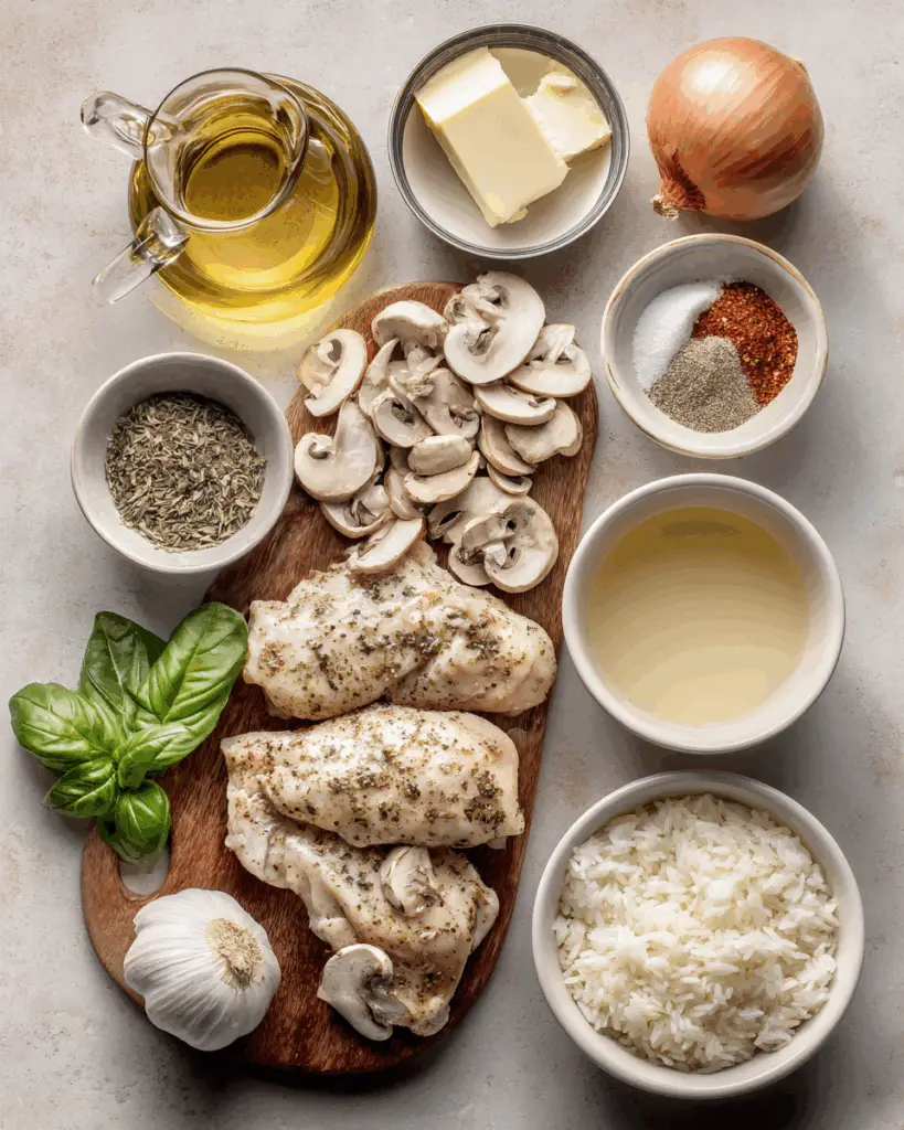 Searing mushrooms and chicken for creamy mushroom chicken recipe