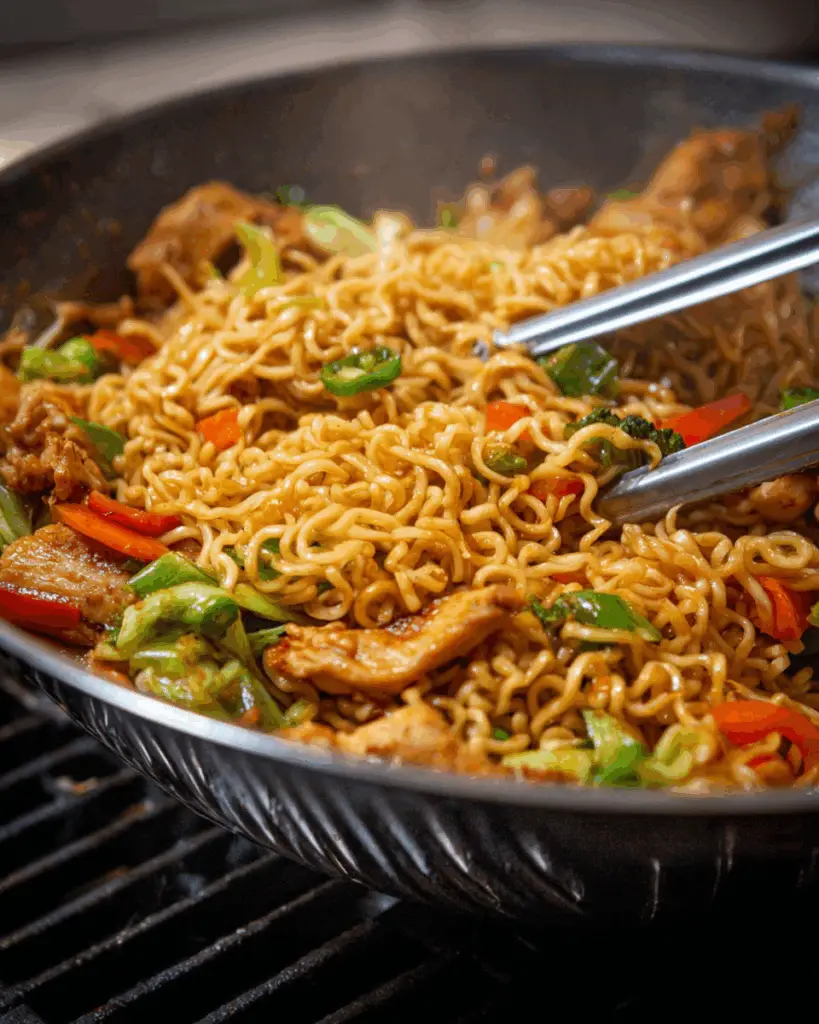 Serving chicken ramen stir fry garnished with spring onions