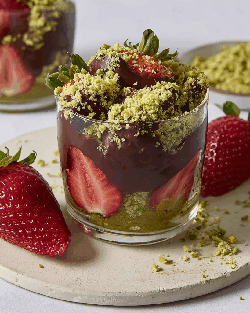 Dubai Chocolate Strawberries served in clear cups with edible gold and pistachio garnish