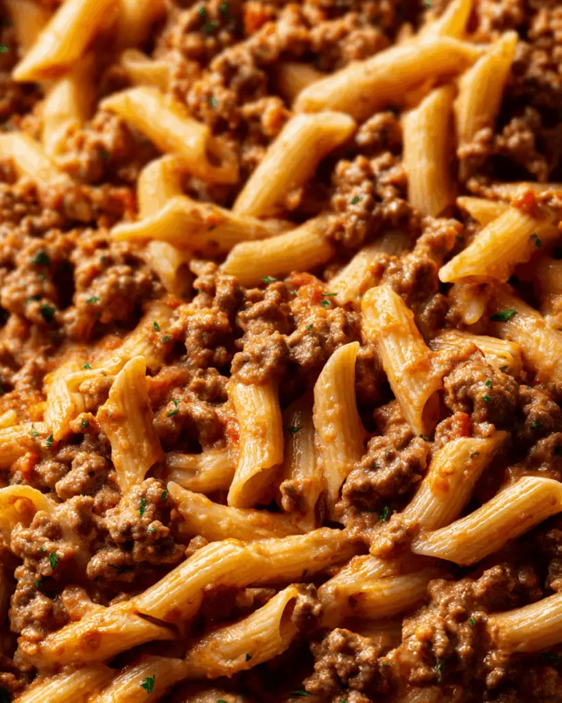 Serving One Pot Quick and Easy Creamy Ground Beef Pasta with sides
