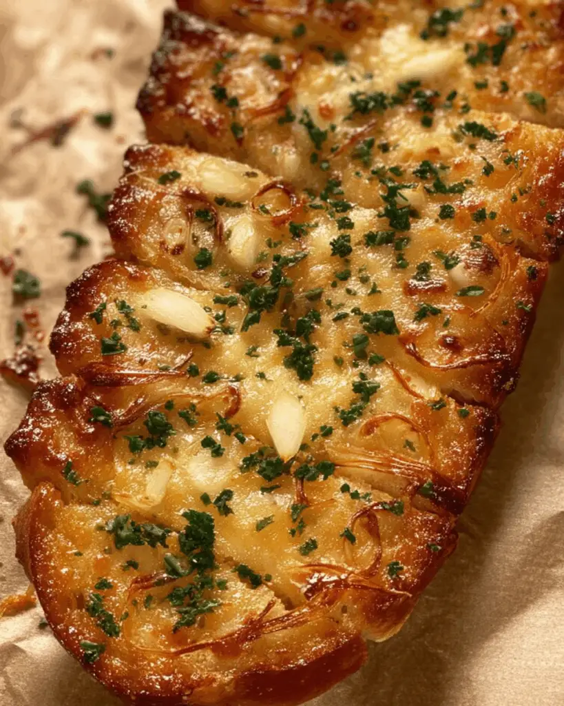 Finished shallot & garlic bread slices served with soup and salad