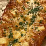 Close-up of shallot & garlic bread recipe with caramelized shallots and golden cheese