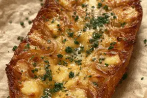 Close-up of shallot & garlic bread recipe with caramelized shallots and golden cheese