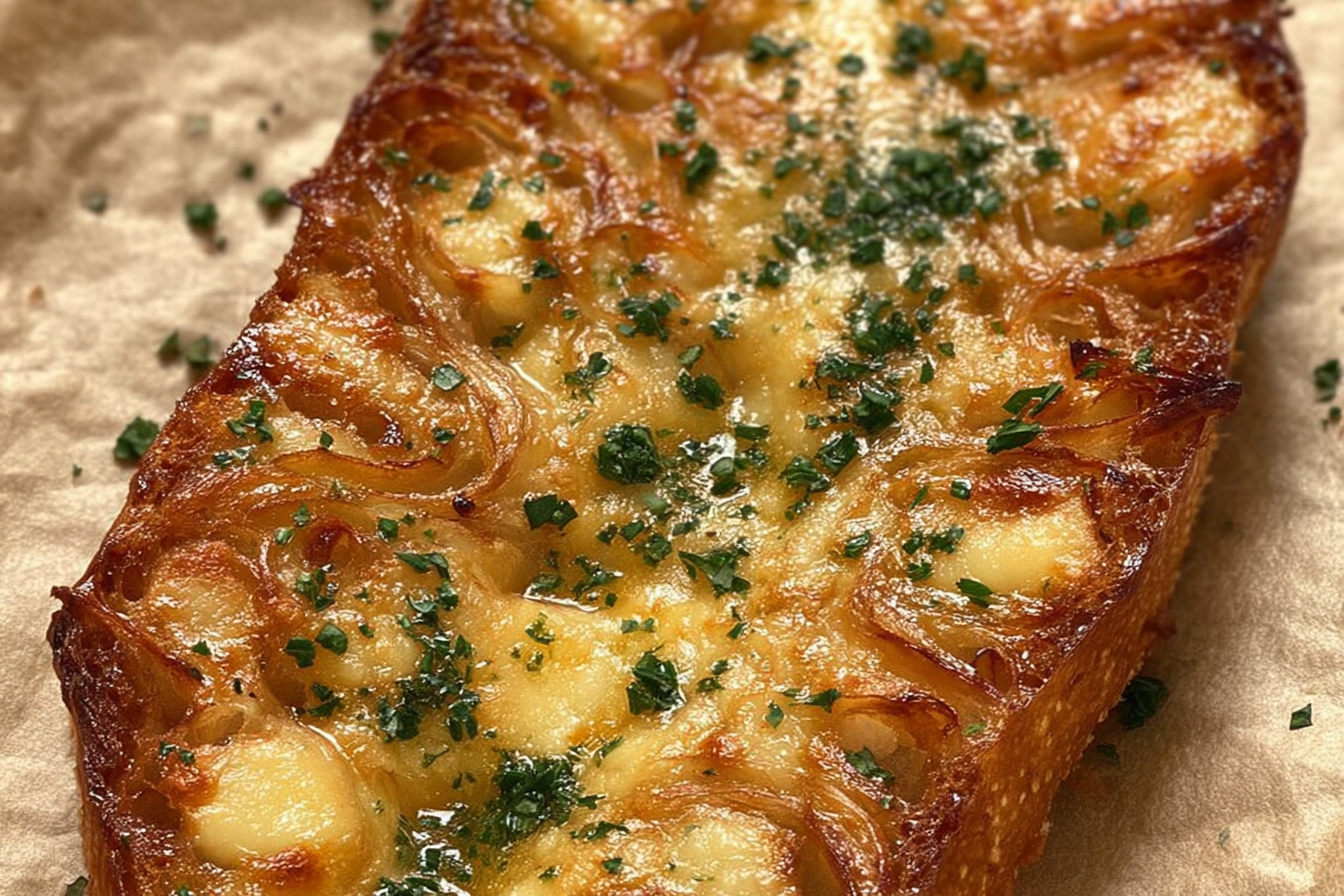 Close-up of shallot & garlic bread recipe with caramelized shallots and golden cheese