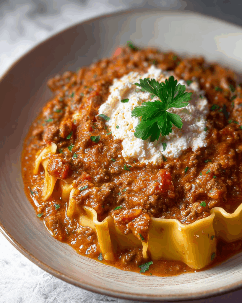 Lasagna Soup Recipe simmering in pot with pasta pieces