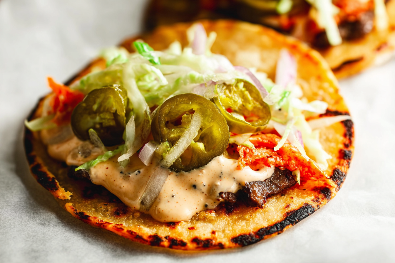 Smash Burger Tacos recipe served fresh with melty cheese, lettuce, and pickles