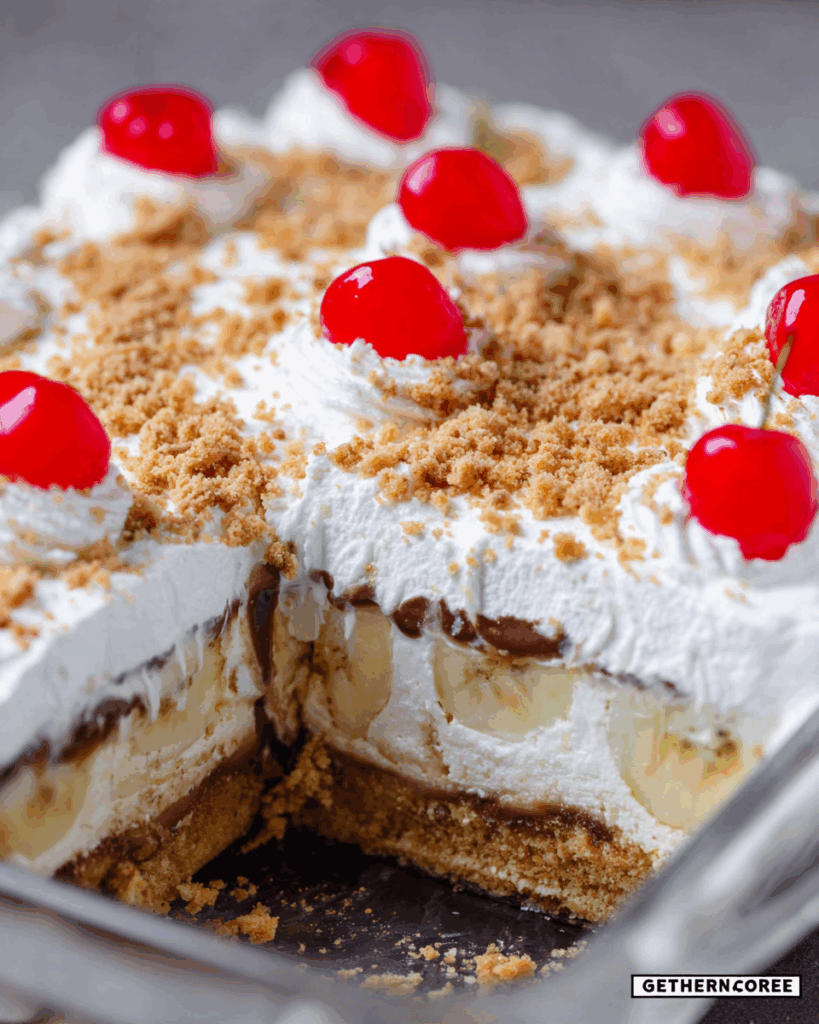 southern style no bake banana split cake with chocolate drizzle