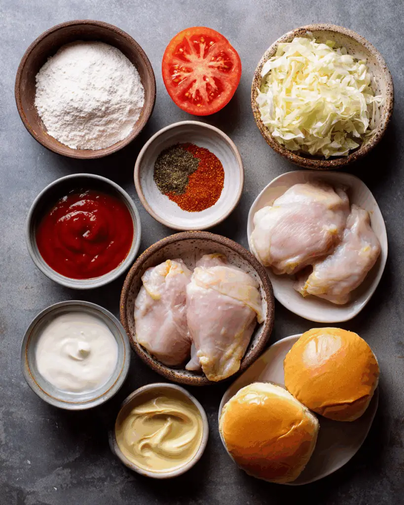Ingredients for spicy chicken sandwich recipe including chicken, flour, and buns