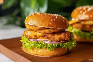 Close-up of spicy chicken sandwich recipe with crispy chicken and spicy mayo