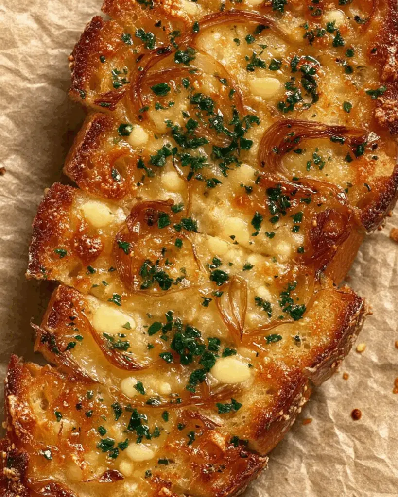 Spreading miso shallot garlic butter on bread before baking cheesy garlic bread