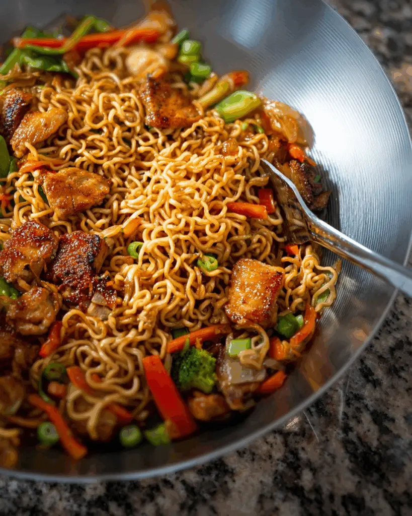 Stir frying chicken and vegetables for ramen noodles