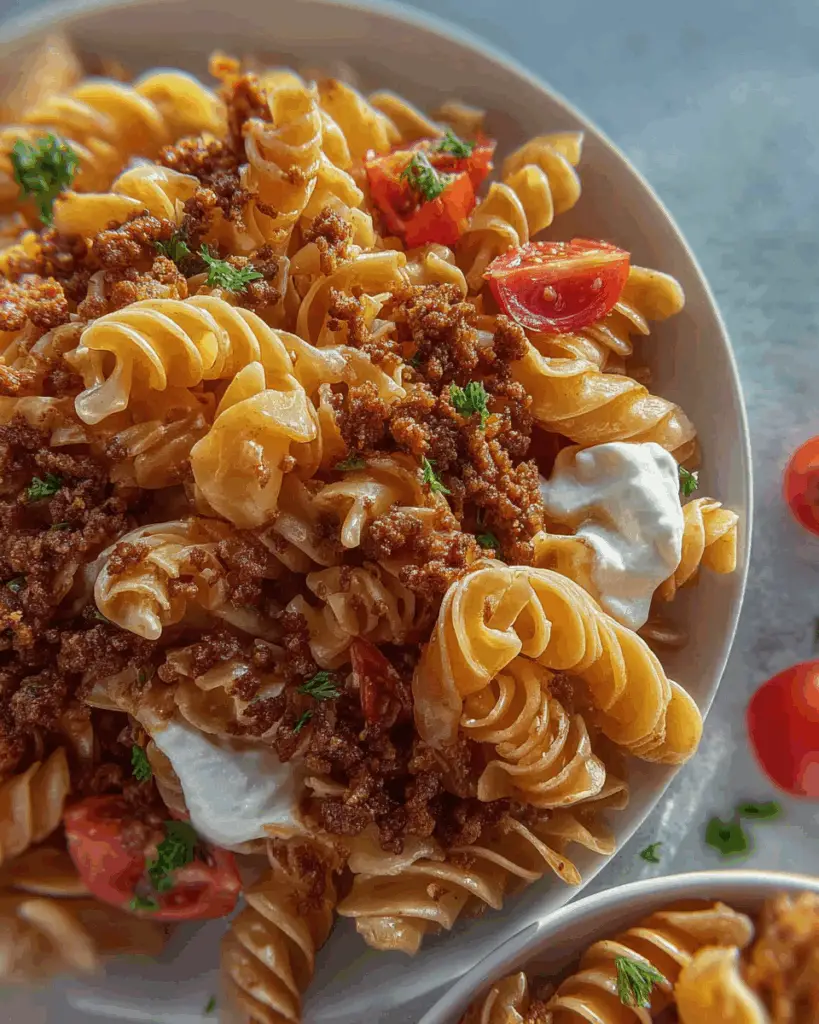 Hands assembling Turkish pasta with yogurt, beef, and butter sauce