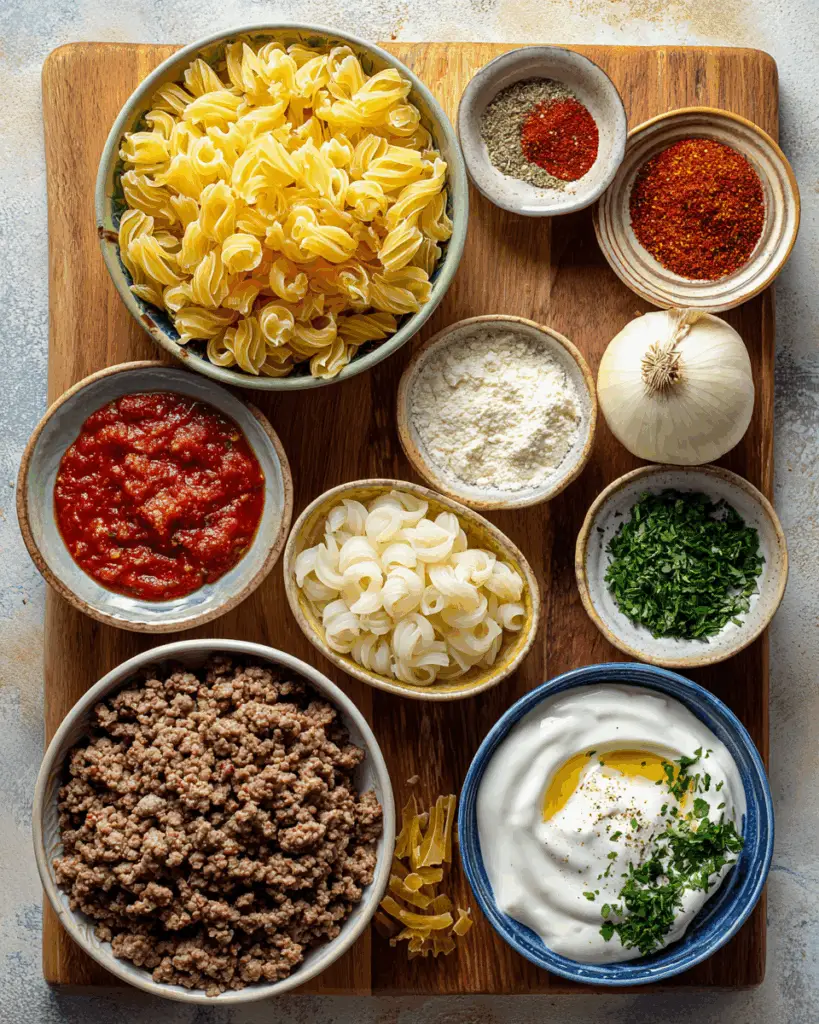 Close-up of Turkish pasta beef, onions, and paprika cooking