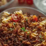 Turkish pasta recipe close-up with beef, yogurt, and butter sauce