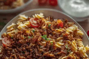 Turkish pasta recipe close-up with beef, yogurt, and butter sauce
