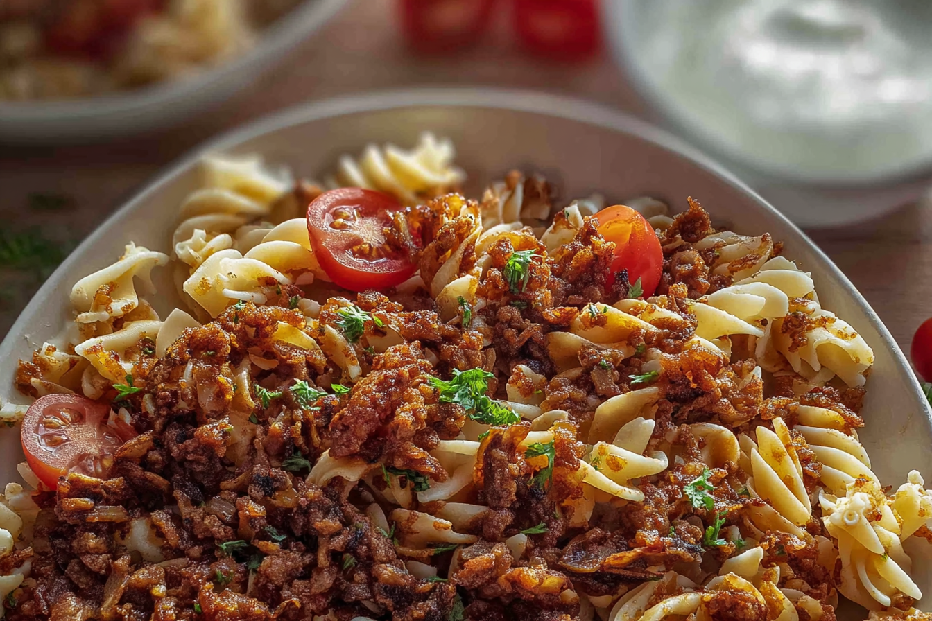 Turkish pasta recipe close-up with beef, yogurt, and butter sauce