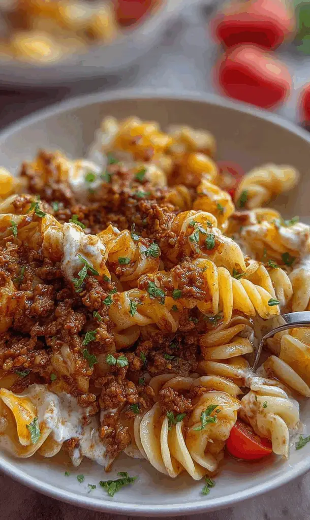 Turkish pasta recipe served on a plate with garnishes and sides
