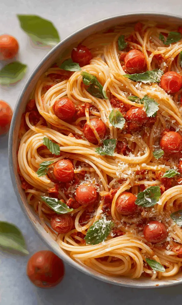baked pasta with cherry tomatoes and basil