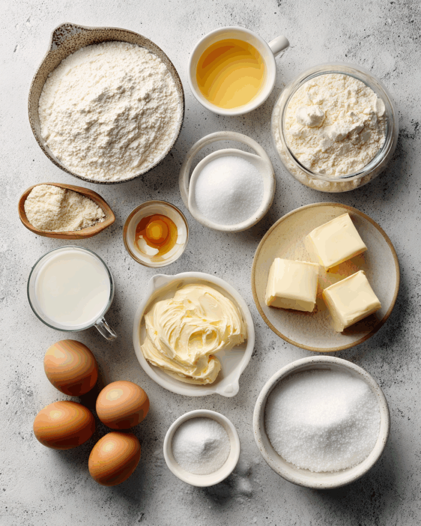 Ingredients for Vanilla Milk Cake on a rustic table