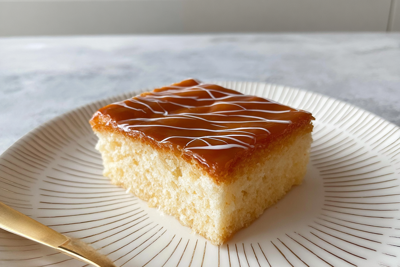 Vanilla Milk Cake slice with caramel drizzle and white chocolate