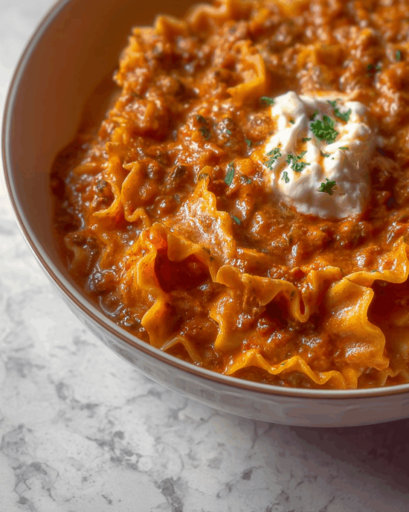 Lasagna Soup vegetarian version with herbs and vegetables