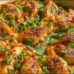 Viral One-Pan Baked Dumplings recipe in coconut curry broth with fresh garnishes