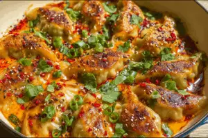 Viral One-Pan Baked Dumplings recipe in coconut curry broth with fresh garnishes