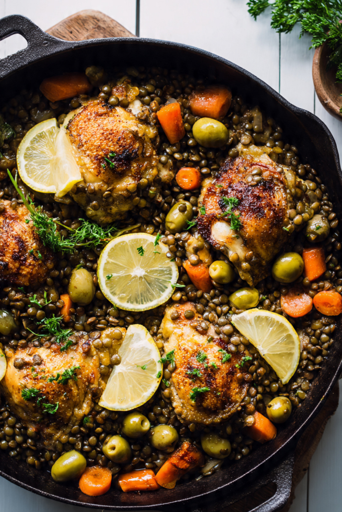 Schmaltzy lentils with chicken, olives & lemon