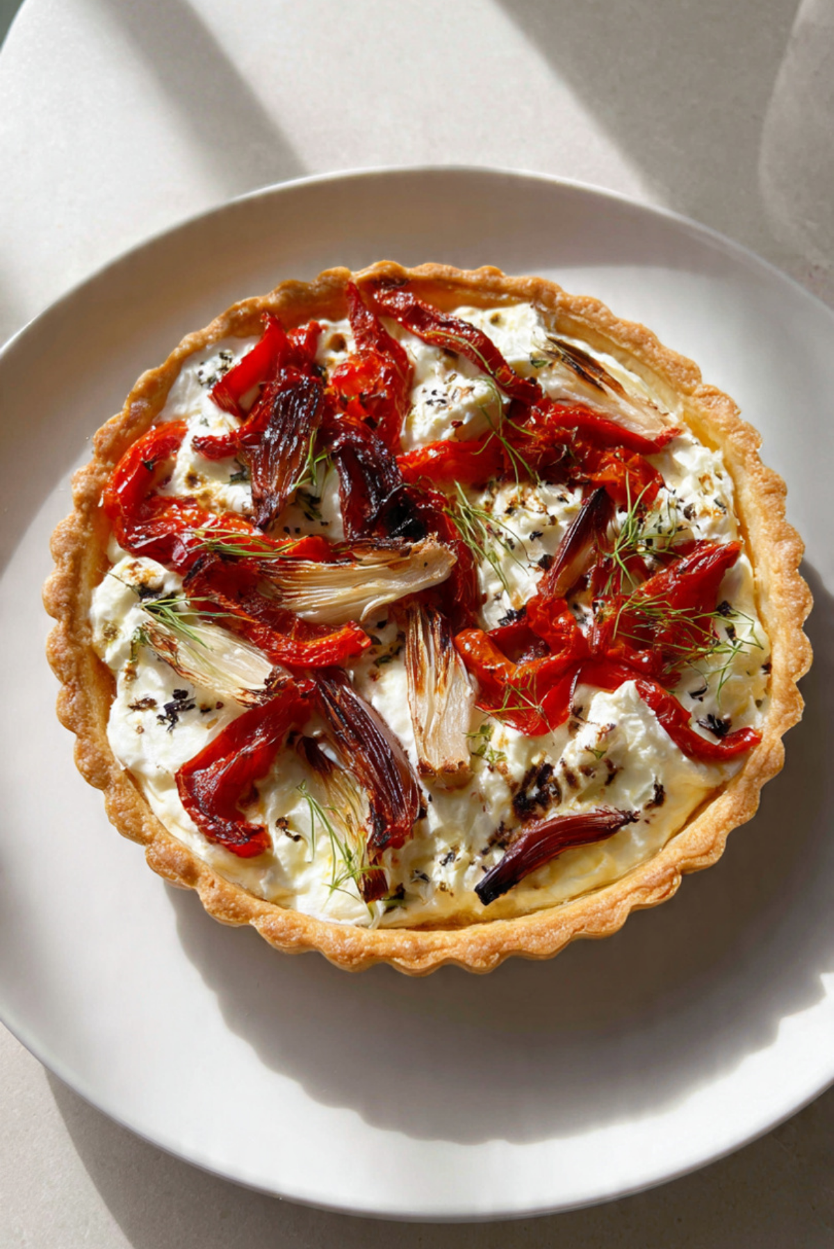 Goat’s cheese, fennel & roasted red pepper tart
