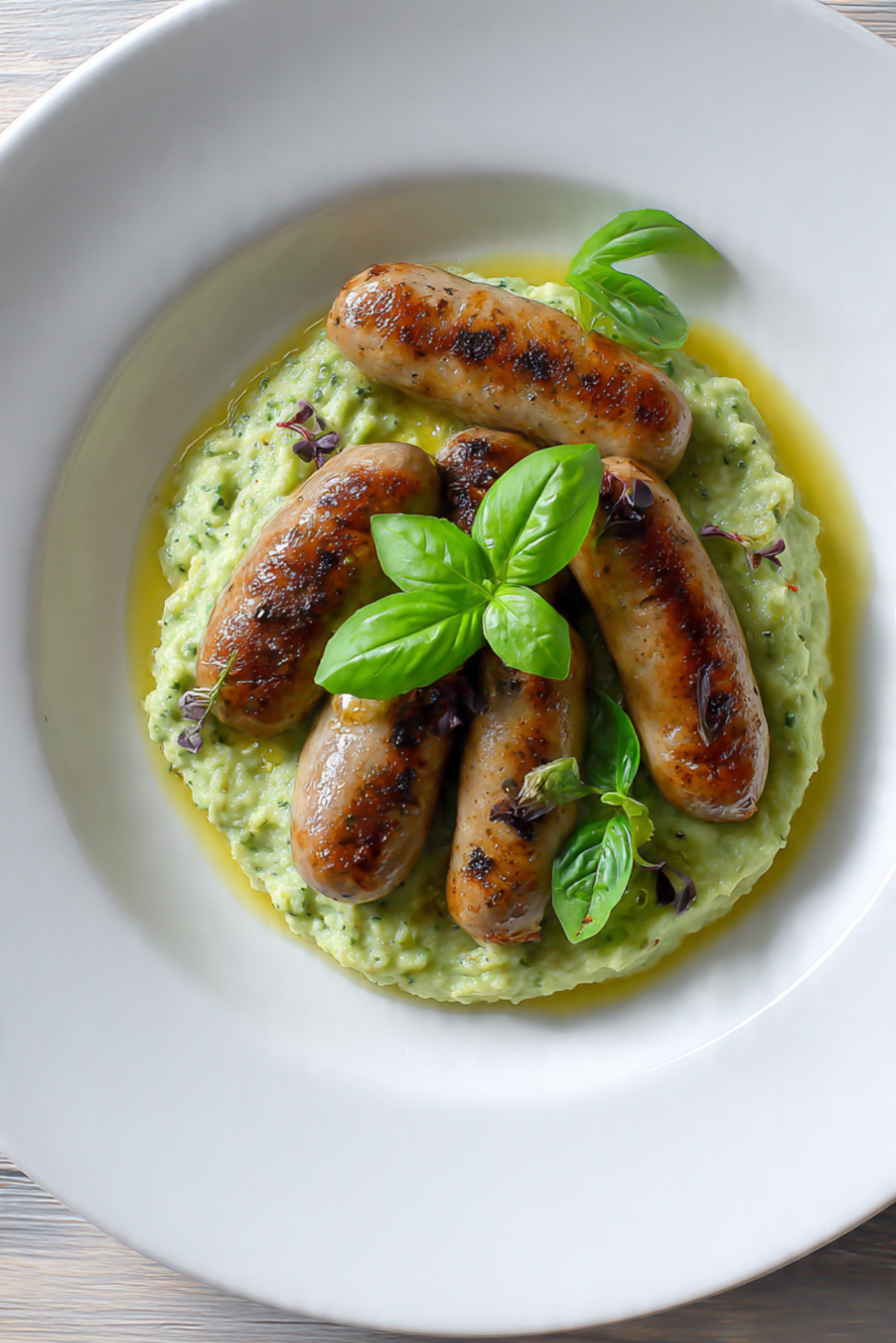 Sausages with pesto mash