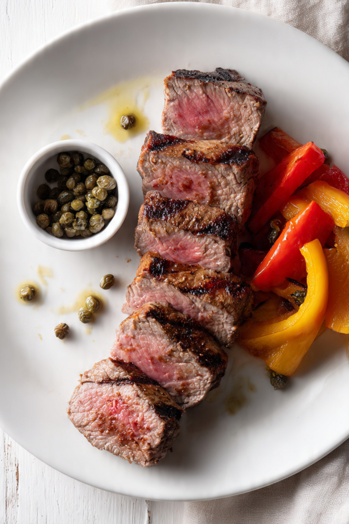 Seared beef, grilled pepper & caper berry
